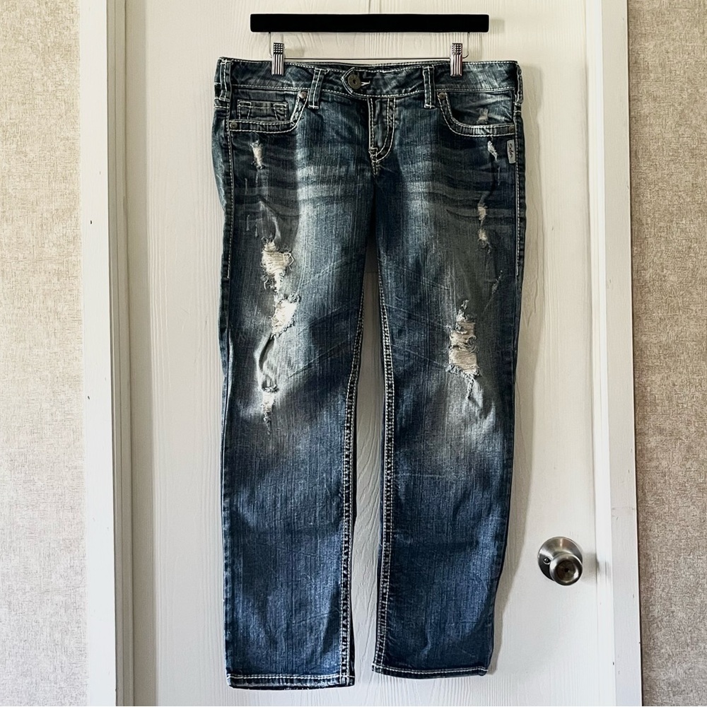 SILVER JEANS Tuesday Slim Distressed Straight Leg Blue Jeans